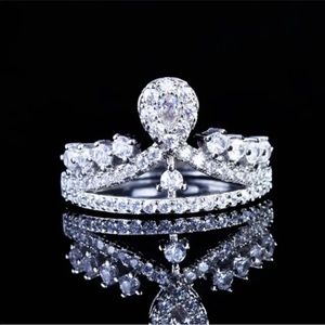 925 Sterling Silver Diamond Cubic Zirconia Tiara Crown Princess Ring